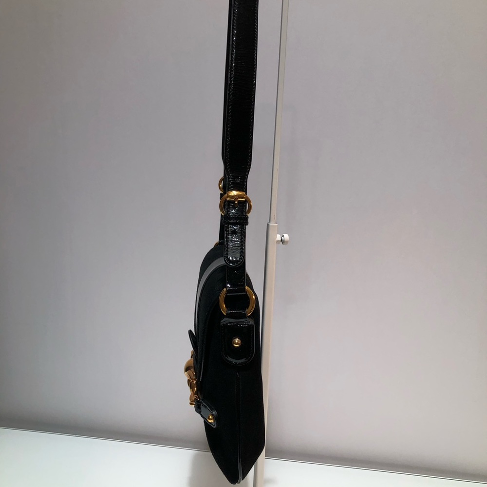 GUCCI Suede Black Handbag with Black Patent Leather Shoulder Strap - Picture 6 of 16